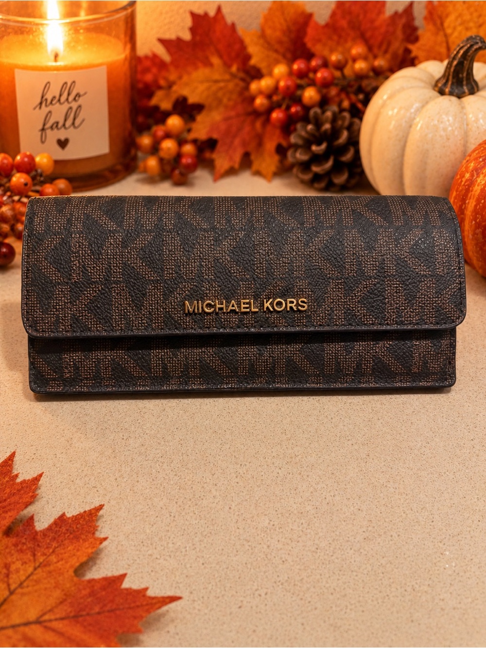 MICHAEL KORS Brown Monogram Continental Card Holder Wallet